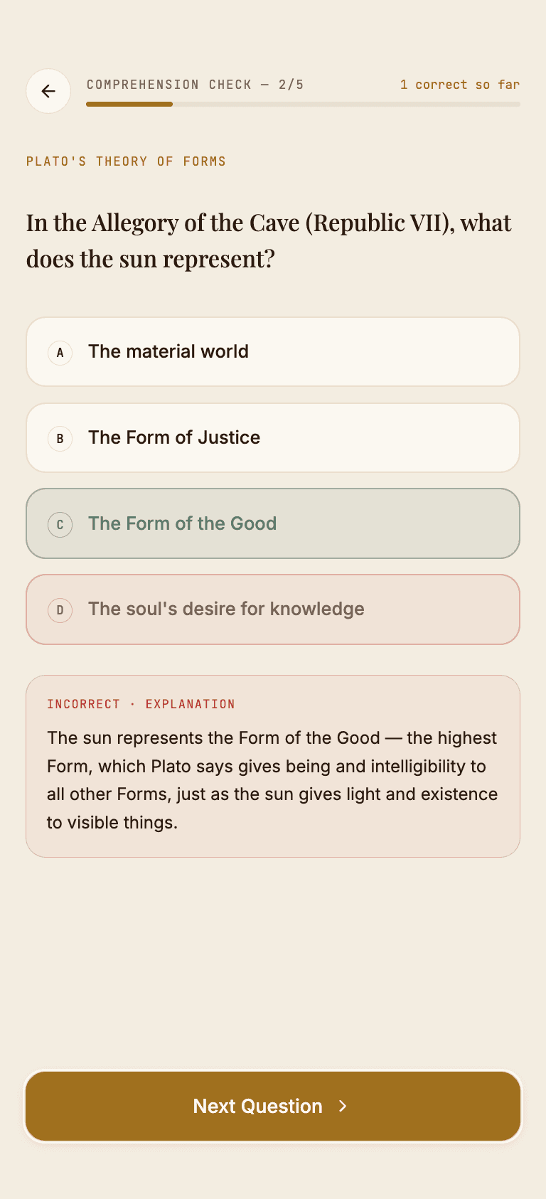 Comprehension check — quiz results and confidence summary