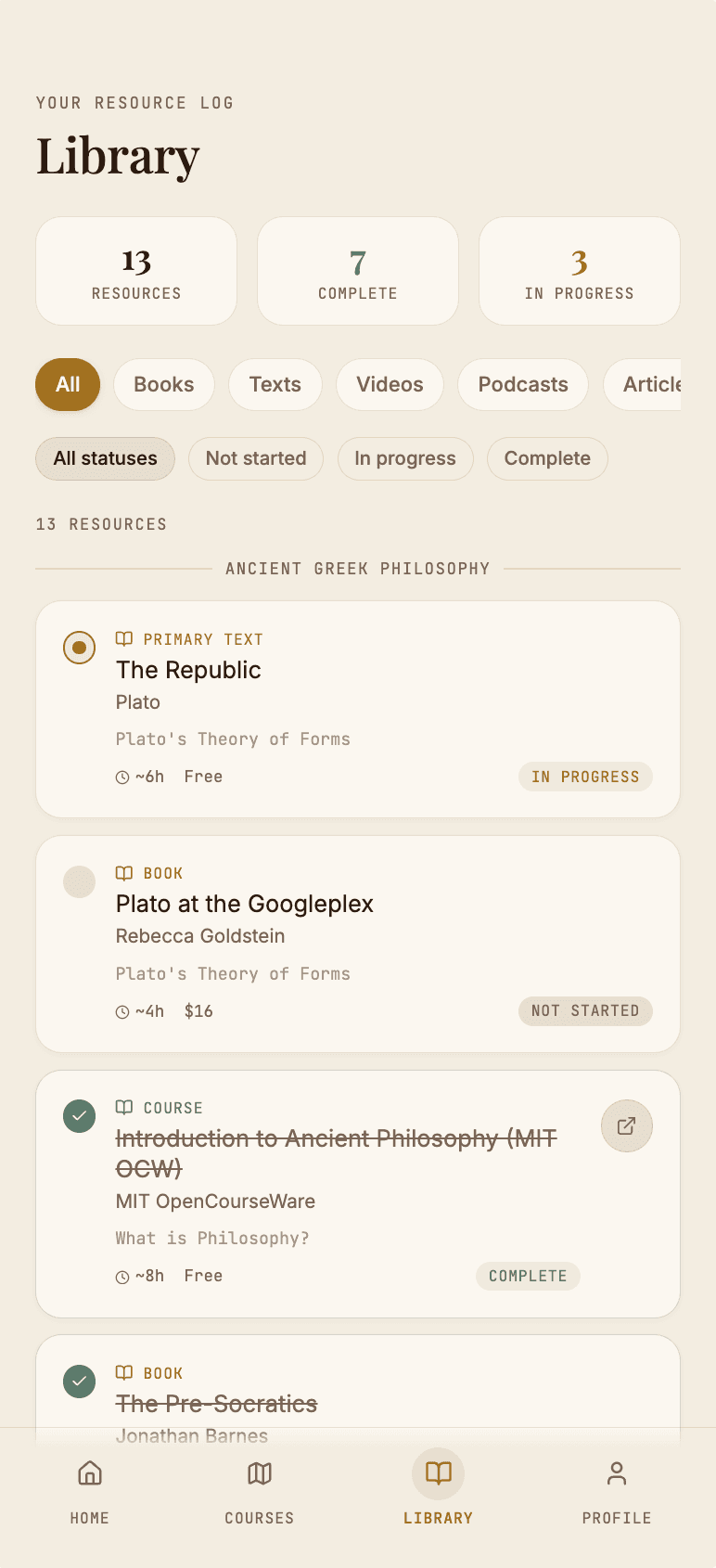 Personal library — resources across courses with completion status